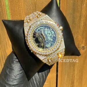 Iced Skeleton Dial Full Bling Out Band Men Gold Lab Diamond Luxury Hip Hop Watch